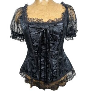 Vaacodor Black Brocade Corset Top Lace Puff Sleeve Gothic Victorian 2XL Witch